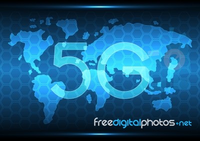 5g Technology Abstract World Map Hexagonal Background Stock Image