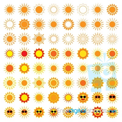 64 Sun Icons On White Background Stock Image