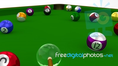 8 Ball Pool 3d Game In Playing On Green Table Stock Image