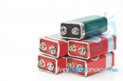 9 V Batteries In Perspective Closeup View Stock Photo