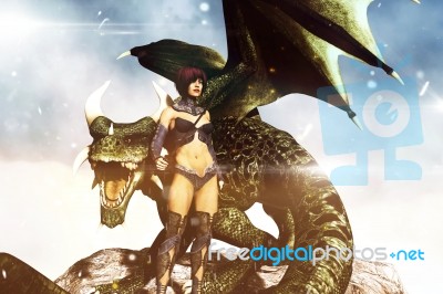 A Female Warrior With A Dragon,fantasy 3d Rendering For Book Cover Stock Image