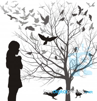 A Girl And Birds Stock Image