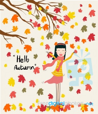 A Girl Enjoying Colourful Fall Leaves Under Dry Tree In Autumn Season, Wind Blow With Hello Autumn Word Stock Image