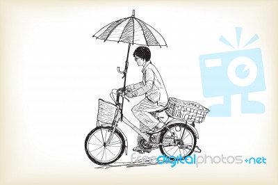 A Girl Riding Bicycle To Market And Adapting Umbrella On Bicycl Stock Image