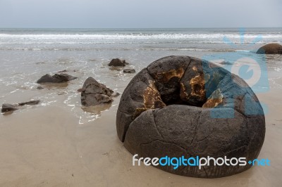 A Hollow Moeraki Boulder Stock Photo