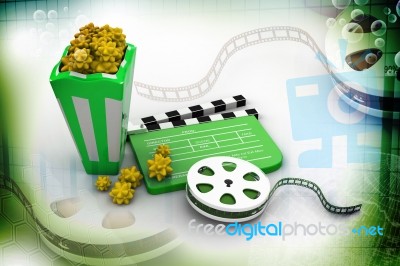 A Movie Reel With Clapboard And Popcorn Stock Image