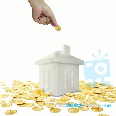 A Piggy Bank With Money Isolated On A White Background, Savings Stock Photo