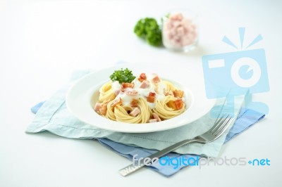 A Plate Of Spaghetti Carbonara Stock Photo