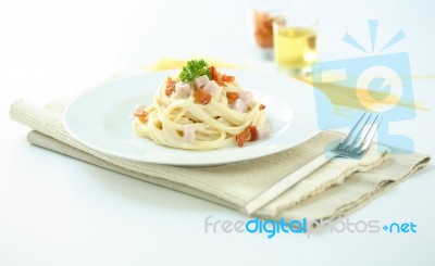 A Plate Of Spaghetti Carbonara Stock Photo