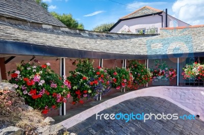 A Row Of Hanging Baskets Stock Photo