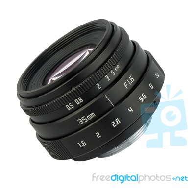 A Small 35 Mm Lens On White Background Stock Photo