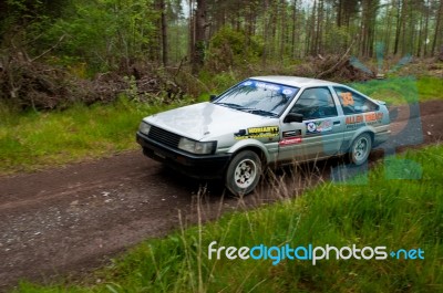 A. Tracey Driving Toyota Corolla Stock Photo