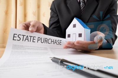 A Young Man In Suit In His Office Showing An Insurance Policy An… Stock Photo