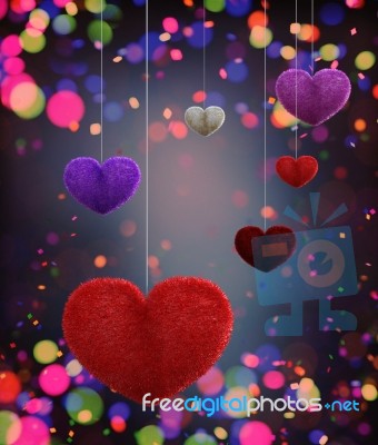 Abstract Colorful Furry Hearts Decorated With Colorful Bokeh Lights Stock Image