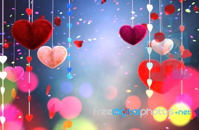 Abstract Colorful Furry Hearts Decorated With Colorful Bokeh Lights Stock Image