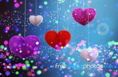 Abstract Colorful Furry Hearts Decorated With Colorful Bokeh Lights Stock Image