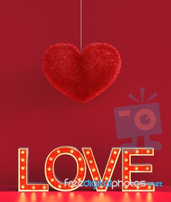 Abstract Red Furry Heart With Marquee Love Letters Decorated Stock Image