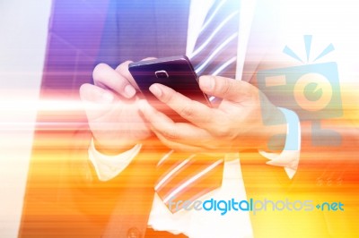 Abstract Technology Concept And Ideas,businessman Using Smartphone,double Exposure Effects Stock Photo