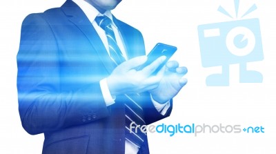 Abstract Technology Concept And Ideas,businessman Using Smartphone,double Exposure Effects Stock Photo