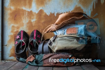 Accessories To Dress Up In Old Wooden Basket Stock Photo