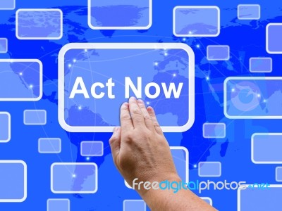 Act Now Touch Screen Shows Inspired Activity Stock Image