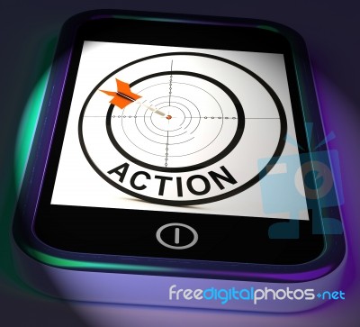 Action Smartphone Displays Acting To Reach Goals Stock Image