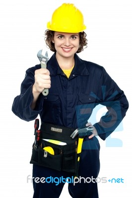 Active Team Woker Holding Spanner In Hand Stock Photo