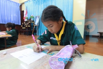 Activity Of Teaching Elementary Students. Elementary Students Are Test Lesson. The Students Intend Exam Stock Photo