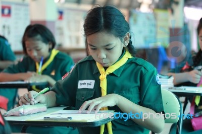 Activity Of Teaching Elementary Students. Elementary Students Are Test Lesson. The Students Intend Exam Stock Photo