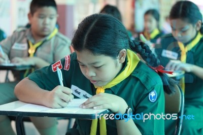 Activity Of Teaching Elementary Students. Elementary Students Are Test Lesson. The Students Intend Exam Stock Photo