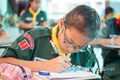 Activity Of Teaching Elementary Students. Elementary Students Are Test Lesson. The Students Intend Exam Stock Photo