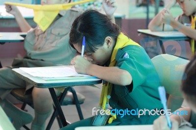 Activity Of Teaching Elementary Students. Elementary Students Are Test Lesson. The Students Intend Exam Stock Photo