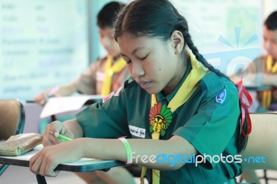 Activity Of Teaching Elementary Students. Elementary Students Are Test Lesson. The Students Intend Exam Stock Photo