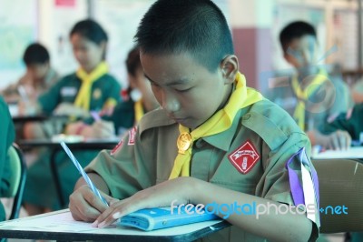 Activity Of Teaching Elementary Students. Elementary Students Are Test Lesson. The Students Intend Exam Stock Photo