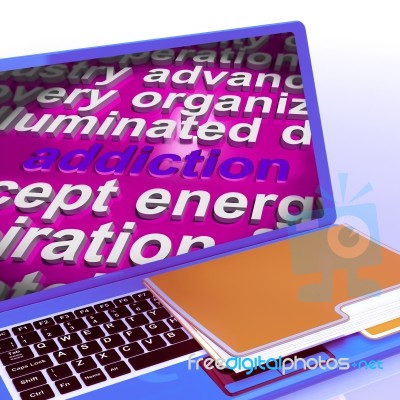 Addiction Word Cloud Laptop Means Obsession Craving And Attachme… Stock Image