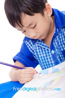 Adorable Boy Drawing Picture Stock Photo