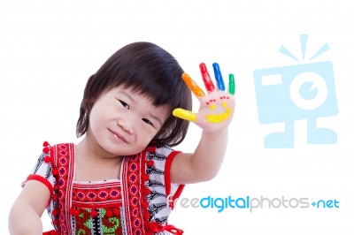 Adorable Little Asian (thai) Girl Painting Her Palm, Isolated On… Stock Photo