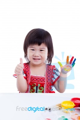 Adorable Little Asian (thai) Girl Painting Her Palm, Isolated On… Stock Photo