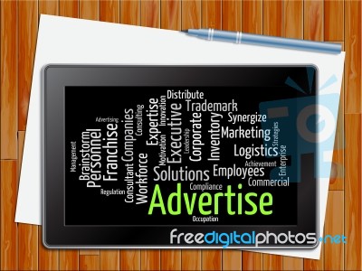 Advertise Word Indicates Words Adverts And Promoting Tablet Stock Image