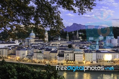 Aerial Panoramic View Of The Famous Historic City Of Salzburg Stock Photo