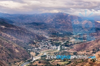 Aerial View At The Small Town Of Sacapulas In The Mountains Of G… Stock Photo