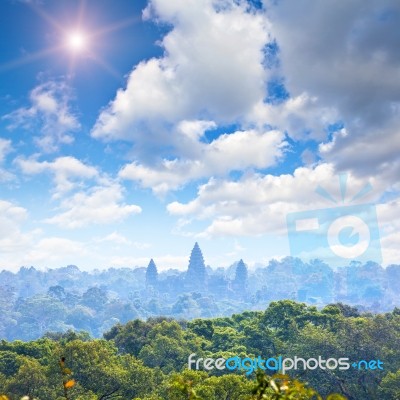 Aerial View Of Angkor Wat Temple Towers Stock Photo