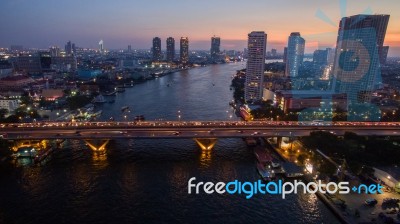 Aerial View Of Beautiful Dusky Time Chaopraya River And Takson Bridge Important Landmark In Heart Of Bangkok Thailand Capitabl Stock Photo