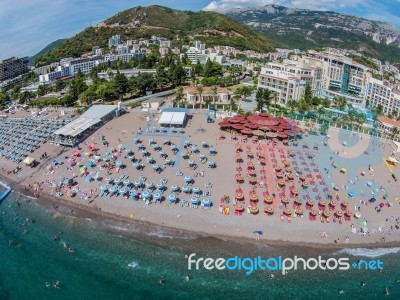 Aerial View Of Becici Beach In Budva Town, Montenegro Stock Photo