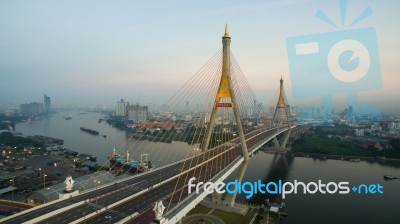 Aerial View Of Bhumibol 2 Bridge Important Modern Landmark Over Chaopraya River In Heart Of Bangkok Thailand Stock Photo