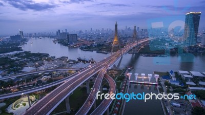 Aerial View Of Bhumiphol Bridge Crossing Chaopraya River Important Landmark And Traffic And Land Transportation In Bangkok Thailand Stock Photo