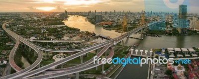 Aerial View Of Bhumiphol Bridge Crossing Chaopraya River Important Landmark And Traffic And Land Transportation In Bangkok Thailand Stock Photo