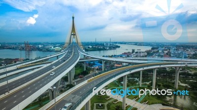 Aerial View Of Bhumiphol Bridge Crossing Chaopraya River Important Modern Landmark Of Bangkok Thailand Capital Stock Photo