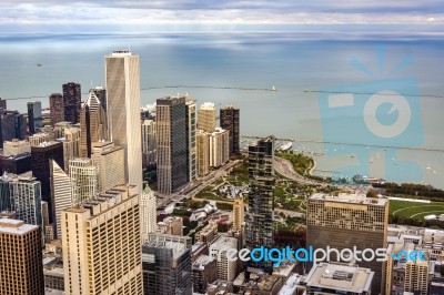 Aerial View Of Chicago With Jay Pritzker Pavilion And The Millen… Stock Photo