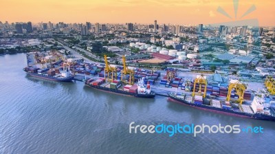 Aerial View Of Commercial Shipping Port Important Import Export Ship Dock In Bangkok Thailand Stock Photo